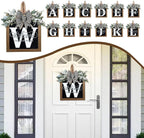 Ultra Large 14'' Last Name All Year Round Front Door Wreath with 26 Initial Letter Welcome Sign All Seasons Eucalyptus Garland and Bow Wreaths for Front Door Porch Farmhouse Decoration(W)