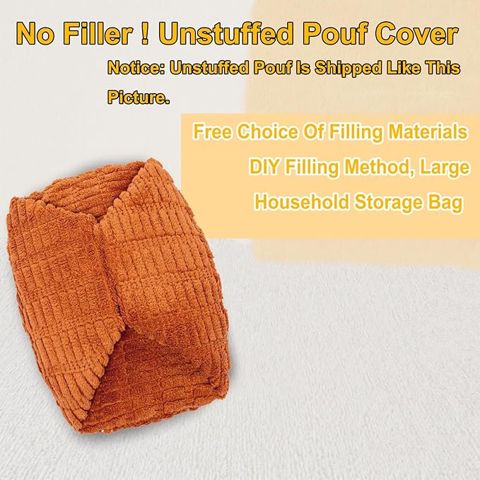 Handmade Unstuffed Ottoman Pouf Cover – Versatile Storage Footstool & Floor Pouf for Living Room, Bedroom, or Wedding Decor | 20" Diameter x 14" Height | Filler Not Included (Burnt Orange)