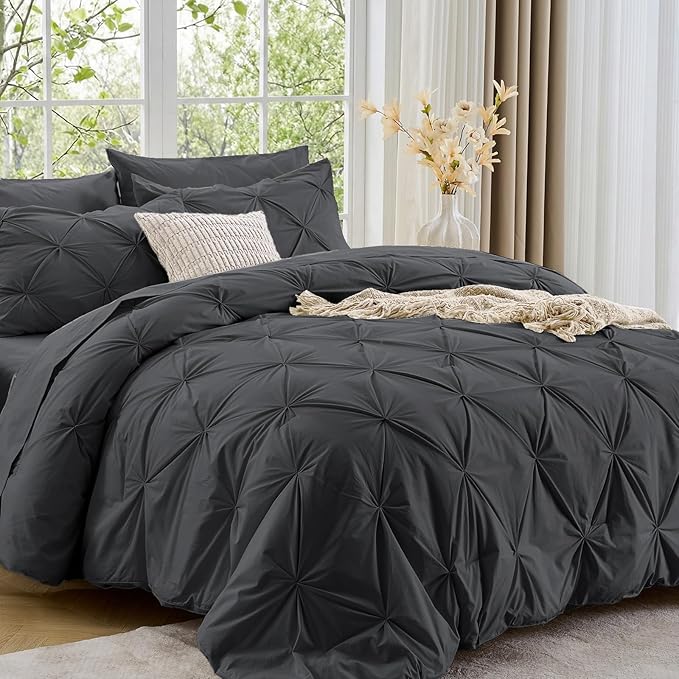 Sasttie California King Comforter Set, 7-Piece Bed in a Bag, Pintuck Bedding Sets for All Season, Includes Comforter, Flat Sheet, Fitted Sheet,Pillowcases and Pillowshams, Dark Grey