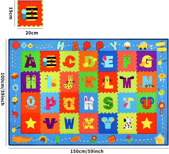 ABC Kids Rug, Kids Carpet for Playroom, Classroom Carpet with Anti-Slip Back, Educational Preschool Rugs with ABC, Numbers, Animals Colors, Shapes, Extra Large Thick (59'' x 39.4", Style 8)