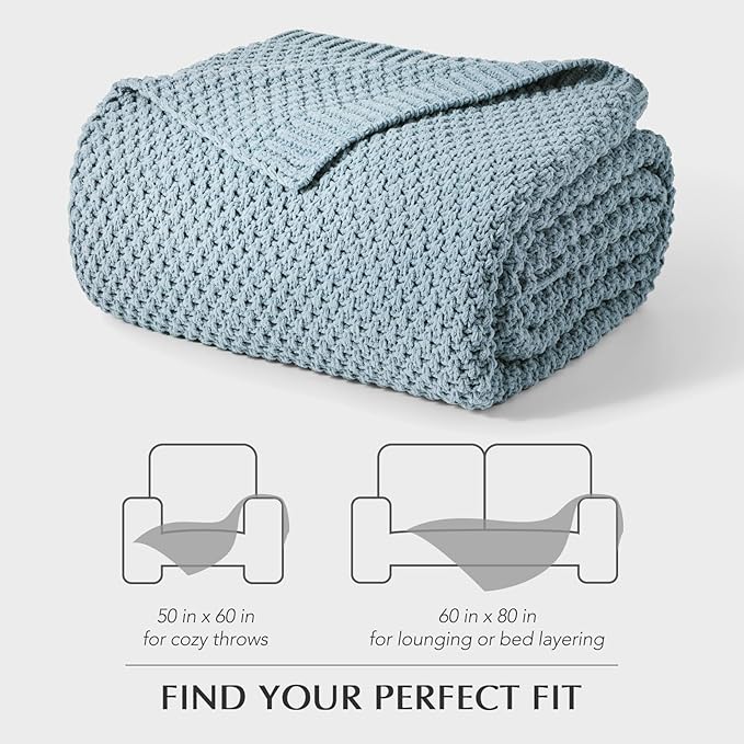 EVERGRACEHOME Chunky Chenille Knit Throw Blanket for Couch, Soft Luxurious Moss Stitch Blankets for Bed, Cozy Decorative Farmhouse Knitted Throws for Sofa, Chambray Blue, 60" x 80"