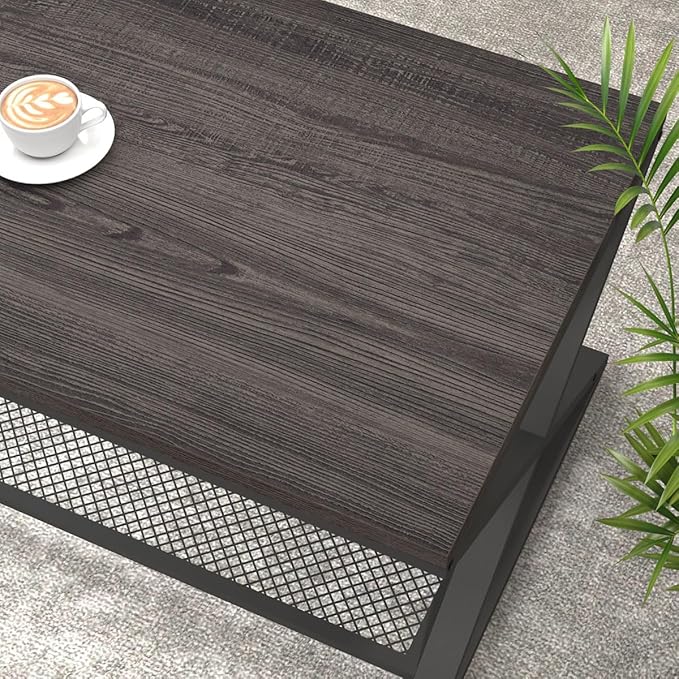 LVB Industrial Grey Coffee Table, Wood Metal 2 Tier Center Table with Storage, Rectangular Low Cocktail Table for Living Room, Farmhouse Concrete Tables for Home Office Bedroom, Dark Gray Oak, 47 Inch