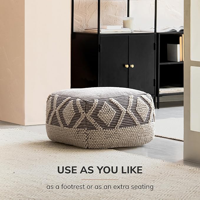 Anji Mountain 100% Handmade & Handcrafted Comfortable Home Décor Pouf Ottoman Footrest for Living Room, Bedroom, Nursery, Kidsroom, Patio Furniture - (22" x 22" x 16"- Gray,Ivory)