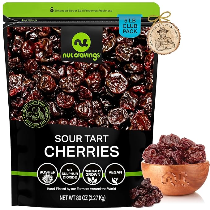 NUT CRAVINGS - Dried Sour Tart Cherries, Lightly Sweetened, Unsulphured (80oz, 5 LB) Tu Bishvat Favorite - Sweet Healthy Snack, Vegan, Kosher, Resealable Bag