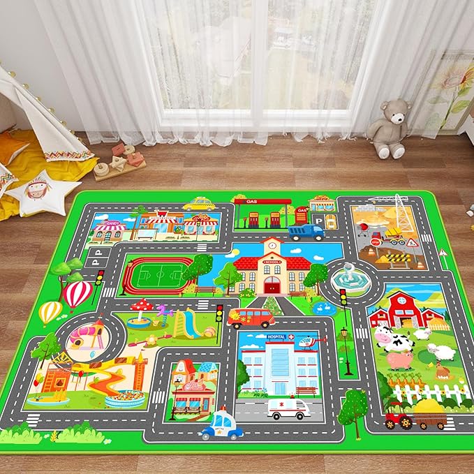 Kids Car Playmat, Kids Rug for Playroom Car Mat Town City Road Traffic Rugs, Play Mat for Floor, Extra Large Boys Kid Car Track Play Rug (Style SIX, 59X 39.4 INCH)