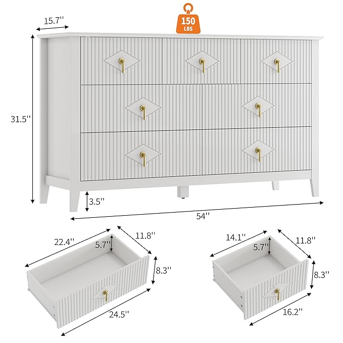 GarveeHome Fluted Dresser for Bedroom, 54 Inch Wide 7-Drawer Wood Dresser, Modern Chest of Drawers, Storage Organizer Cabinet for Living Room, Hallway, Entryway, White
