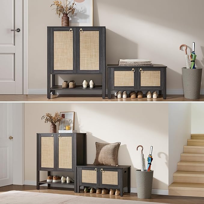 SICOTAS Rattan Shoe Bench - 2 Pieces Farmhouse Shoe Organizer Bench with Lift Top Storage and Hidden Cabinet, Boho Shoe Rack Cabinet for Entryway, Hallway, Bedroom (Obsidian)