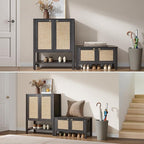 SICOTAS Rattan Shoe Bench - 2 Pieces Farmhouse Shoe Organizer Bench with Lift Top Storage and Hidden Cabinet, Boho Shoe Rack Cabinet for Entryway, Hallway, Bedroom (Obsidian)