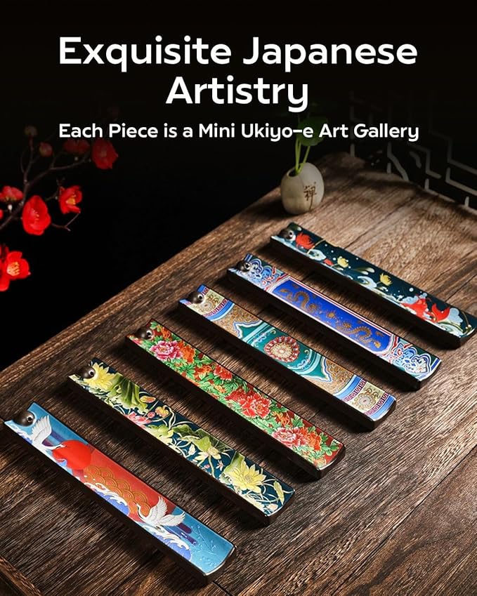 Japanese Incense Stick Holder with Ash Catcher - Ceramic Incense Burner with Traditional Ukiyo-e Art, for Zen Meditation, Home Decor & Gift