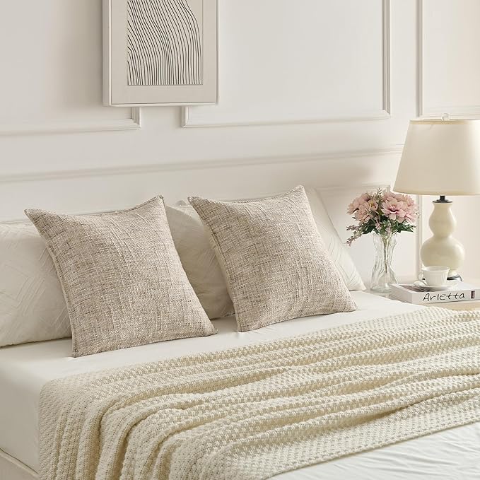 FUTEI Beige Decorative Throw Pillow Covers 24x24 Inch Set of 2,Soft Chenille Tweed Textured Euro Pillow Shams,Modern Home Decor for Couch Bed Living Room