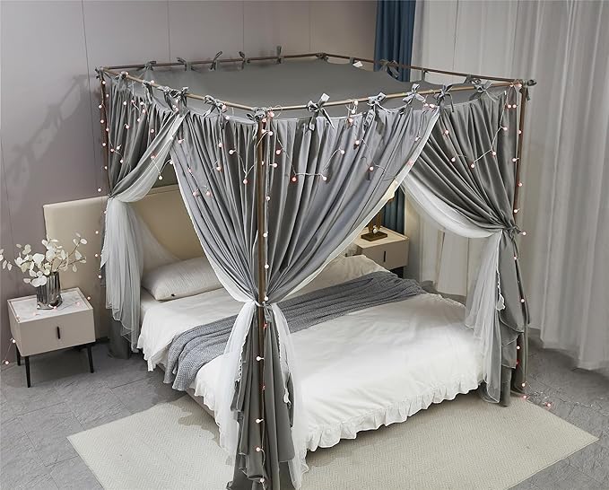 4 Corners Post Princess Curtain Bed Canopy Double Layer Cozy Mosquito Net Mesh and Cloth for Girls Adults Bedroom Decoration (Double-Grey/White, 64" W*82" L*82"*H/(Queen))