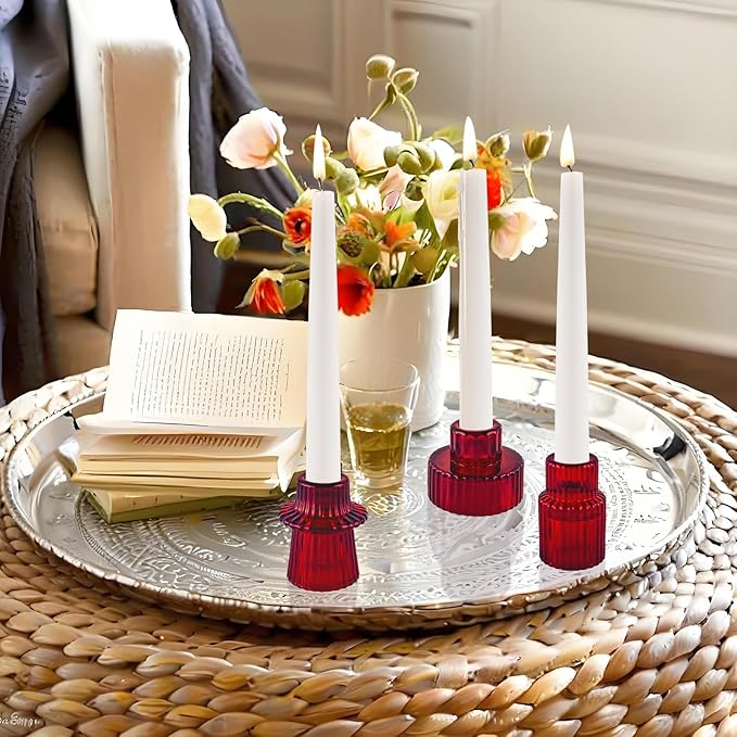 Double Sided Vintage Ribbed Taper Glass Candle Holders,Tea Candle Holder for Table Centerpieces, Wedding Decorations and Dinner Parties (Red, 3 PCS)