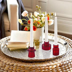 Double Sided Vintage Ribbed Taper Glass Candle Holders,Tea Candle Holder for Table Centerpieces, Wedding Decorations and Dinner Parties (Red, 3 PCS)
