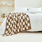 CozeCube Super Soft Fullfy Microfiber Reversible Knitted Blankets, Warm Cozy Fuzzy Plush Throw, Dark Brown and White Checkered Throw Blanket for Couch Bed Sofa, 50" x 60"