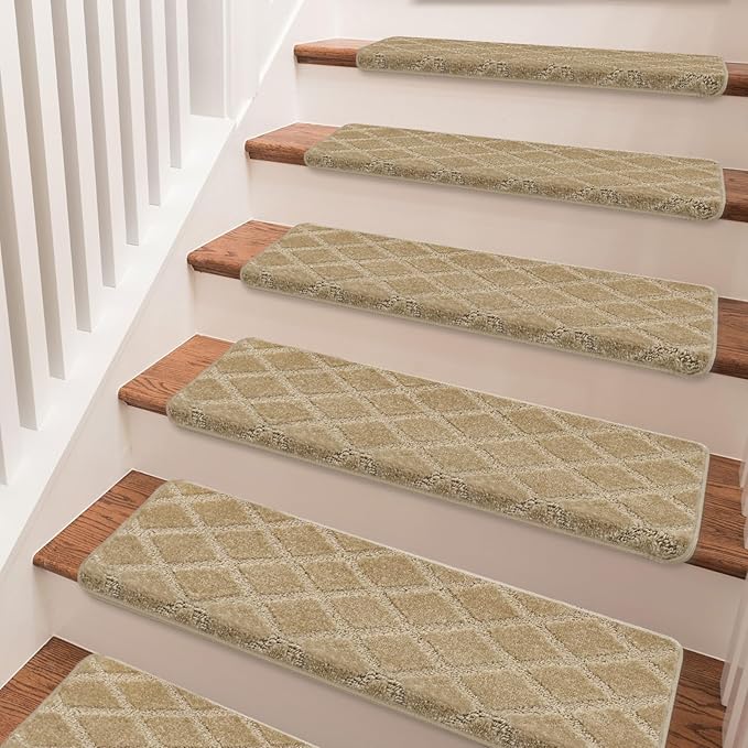 PURE ERA Bullnose Carpet Stair Treads Set Tape Free Non-Slip Indoor Stair Protectors Pet Friendly Rugs 9.5" x 30"(7 Pieces,Khaki Diamond Trellis)