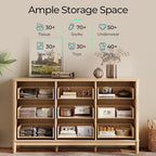 LINSY Rattan 9 Drawer Dresser for Bedroom, 58" Wide Mid-Century Modern Tall Chest of Drawers, Deep Storage Dresser with Curved Corner Design, Large Accent Wood Cabinet for Bedroom, Oak
