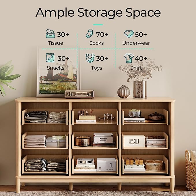 LINSY HOME Rattan Dresser with 9 Deep Drawers, 58" Wide Long Chest of Drawers, Mid Century Modern Tall Dresser, Large Wood Boho Storage Cabinet for Bedroom with Metal Handle and Durable Legs, Oak