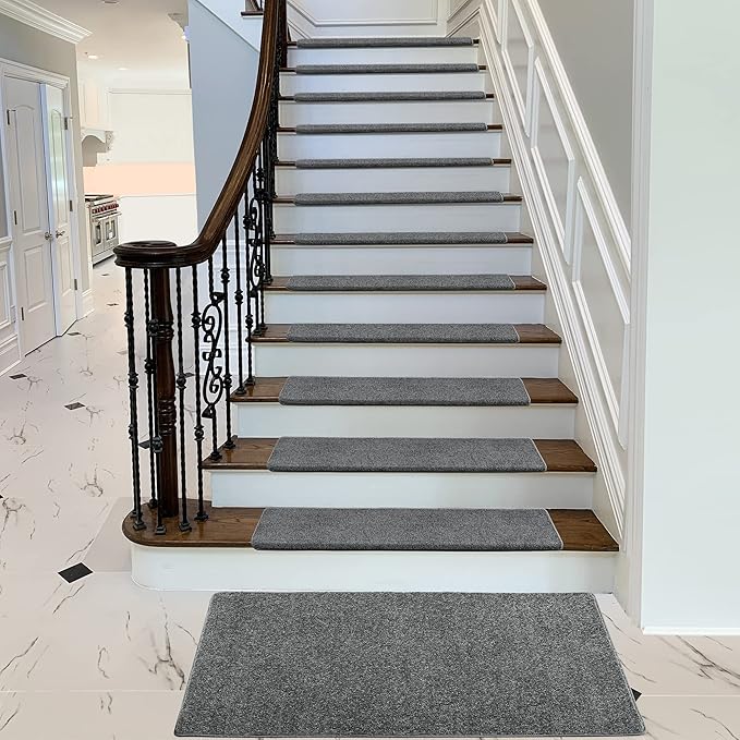 PURE ERA Bullnose Carpet Stair Treads Set Tape Free Non-Slip Indoor Stair Protectors Pet Friendly Rugs Covers Soft Skid Resistant Washable Reusable 9.5" x 30"(2 Pieces,Dark Gray)