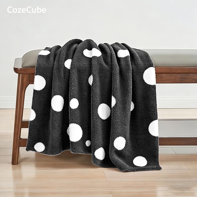 CozeCube Super Soft Fullfy Microfiber Reversible Knitted Blankets, Warm Cozy Fuzzy Plush Throw, Black and White Polka Dot Throw Blanket for Couch Bed Sofa, 50" x 60"
