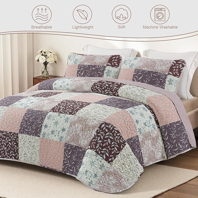Exclusivo Mezcla Reversible Boho Quilts King Size, Brown Bedspreads Lightweight Coverlet All Season Patchwork Quilt Bedding Set with Printed Floral Pattern (1 Quilt, 2 Pillow Shams)