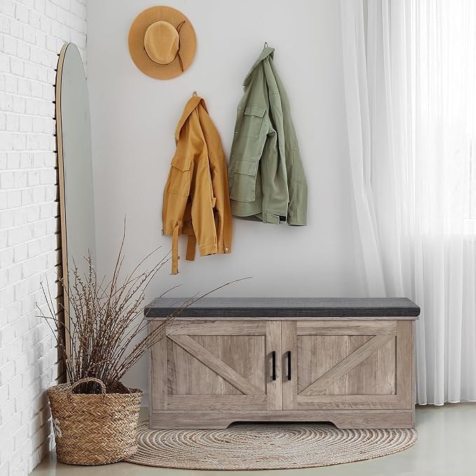 2-Tier Storage Bench, 39.4" Wide Shoe Bench with Padded Seat Cushion, Entryway Bench with 2 Barn Doors and Adjustable Shelf, Greige