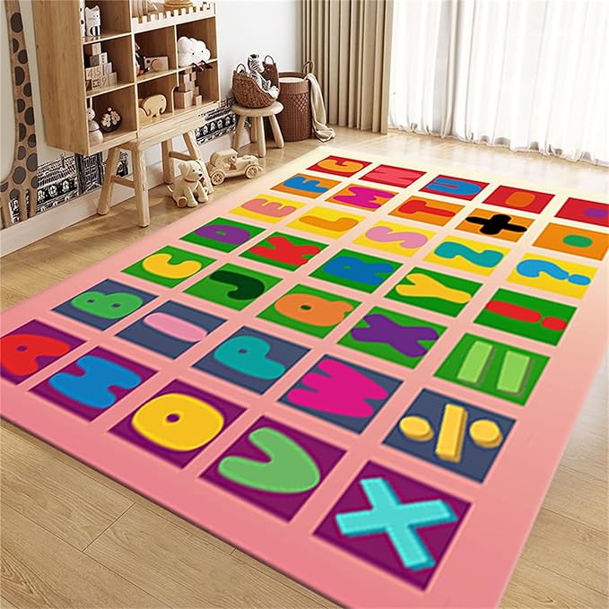 Kids Area Rug English Characters ABC and Math Symbols Learning Carpets, Lovely Cartoon Pink Washable Foldable Door Mat Ideal for Living Dining Room Bedside Kids Girls Bedroom, 4x6ft