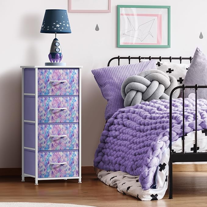 Sorbus Dresser Storage Tower, Organizer Drawers For Closet Boys & Girls Bedroom Bedside Furniture, Chest for Home, College Dorm, Steel Frame, Wood Top, Tie-dye Fabric Bins (4-Drawer, Blue/Pink/Purple)