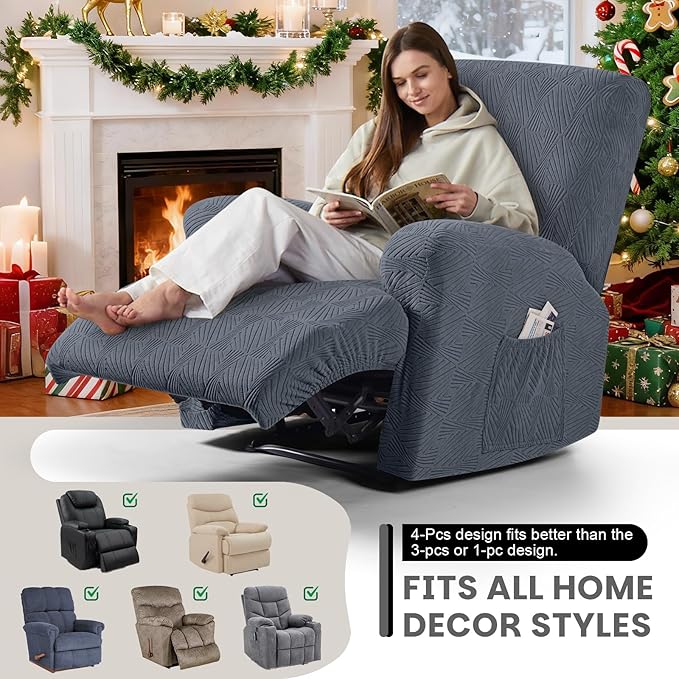 VANSOFY Recliner Chair Covers, 4-Pieces Stretch Recliner Cover Jacquard Soft Reclining Chair Slipcover Furniture Protector with Elastic Bottom for Lazy Boy Recliner(Gray)
