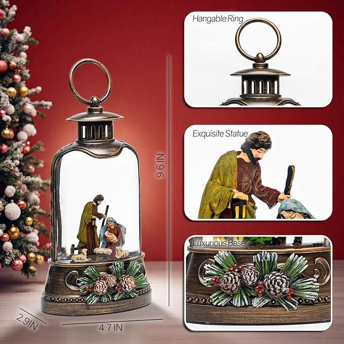 9.6" Christmas Snow Globe Lantern with Nativity - Water Swirling Glitter LED Light Musical Lantern with Exterior Decor - Vintage Xmas Gifts - USB Plug or Battery Operated Home Decor (Nativity)