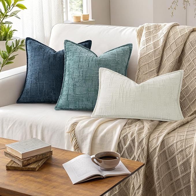 decorUhome Chenille Throw Pillow Covers 26x26 Set of 2, Thick Textured Slubby Neutral Decorative Pillow Covers with Elegant Design for Couch, Sofa, Living Room, Teal