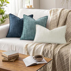 decorUhome Chenille Spring Throw Pillow Covers 20x20 Set of 2, Thick Textured Slubby Neutral Decorative Pillow Covers with Elegant Design for Couch, Sofa, Living Room, Navy Blue
