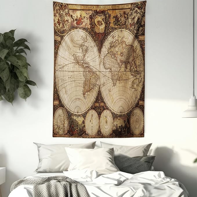 Ambesonne World Map Tapestry King Size, Old World Map Drawn in 1720s Nostalgic Style Art Historical Atlas Vintage Design, Wall Hanging Bedspread Bed Cover Wall Decor, 23" X 28", Multicolor