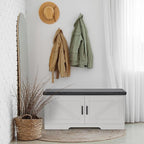 2-Tier Storage Bench, 39.4" Wide Shoe Bench with Padded Seat Cushion, Entryway Bench with 2 Barn Doors and Adjustable Shelf, White