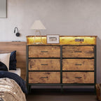 BOLUO Brown Dresser with LED Light and Charging Station for Bedroom 6 Drawer Dresser with USB Outlet, Fabric Dressers & Chests of Drawers Modern