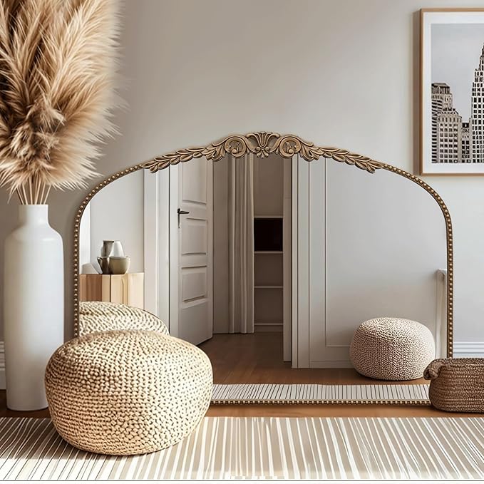 Besdomus Gold Large Arched Mirror: 40"x 30" French Baroque Vintage Mirror - Traditional Ornate Antique Mirrors for Wall/Mantel/Bedroom/Entryway/Bathroom/Hallway - Home Decor for Fashion-Conscious