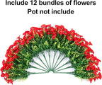 Artificial Flowers Fake Plants for Outdoors Decoration, 12 Bundles Red Silk Morning Glory with Eucalyptus Realistic UV Resistant Faux Flowers Greenery for Outside Planter Yard Garden Home Indoor Patio