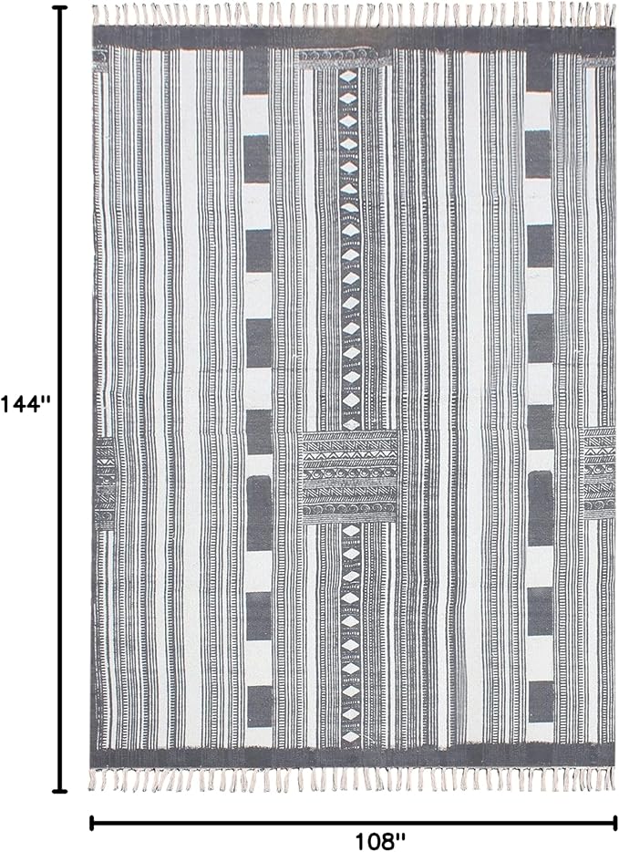 Area Rugs for Living Room 9x12 Kilim Rug Gray & Beige Cotton Dhurrie Striped Thick 0.19 inches Stone Easy Washable Rug Hand Wash Cotton Carpet Flatweave Rug Indoor Outdoor Rugs for Bedroom