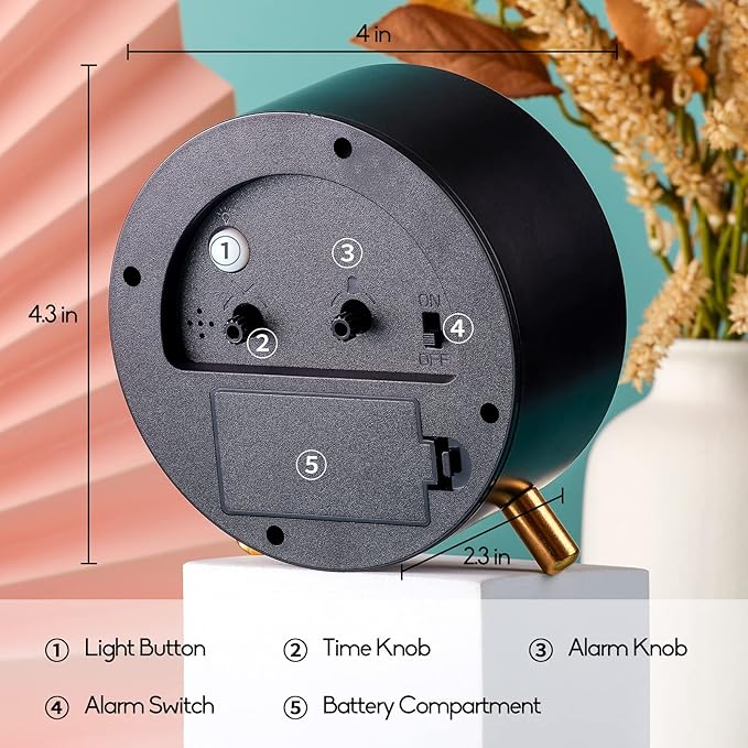 4 inches Super Silent Alarm Clock, Classic Black Beep Wake Round Alarm Clock with Night Light,Battery Operated,Easy Set Entry Lux Stylefor Desk, Bedroom and Home Decoration