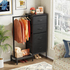 Dresser with Hanging Rack, 4 Drawers Small Closet for Bedroom, Reversible Fabric Kids Chest of Drawers with Clothes Rack, Tall Storage Tower, Sturdy Frame, Black, 44''H