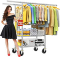 Heavy Duty Clothes Rack, 100% Stainless Steel Rolling Clothing Rack with 2 Tier Shelves, Double Rod Garment Racks for Hanging Clothing, Extendable Rolling Clothes Rack with Wheels (960LB)