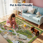 4x6ft Kids Farm Adventure Play Rug,Non-Slip Faux Wool Carpet with Interactive English Words, Educational Travel Map Design for Playroom, Bedroom, Nursery Gift