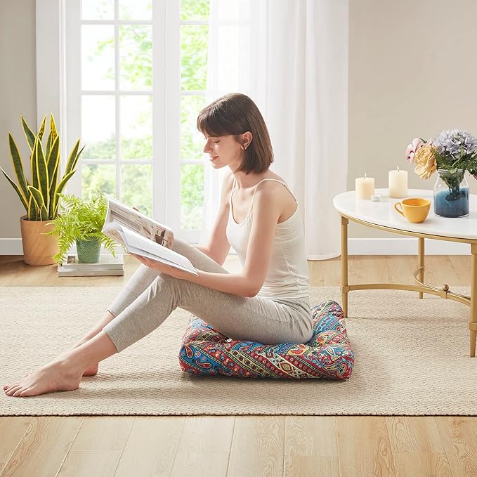 Codi Floor Pillow for Kids, Square Large Pillows Seating for Adults, Bohemian Big Cushions for Yoga Room Tatami Sitting, Memory Foam Added, 22x22 Inch, Multi Blaidiere, Set of 2