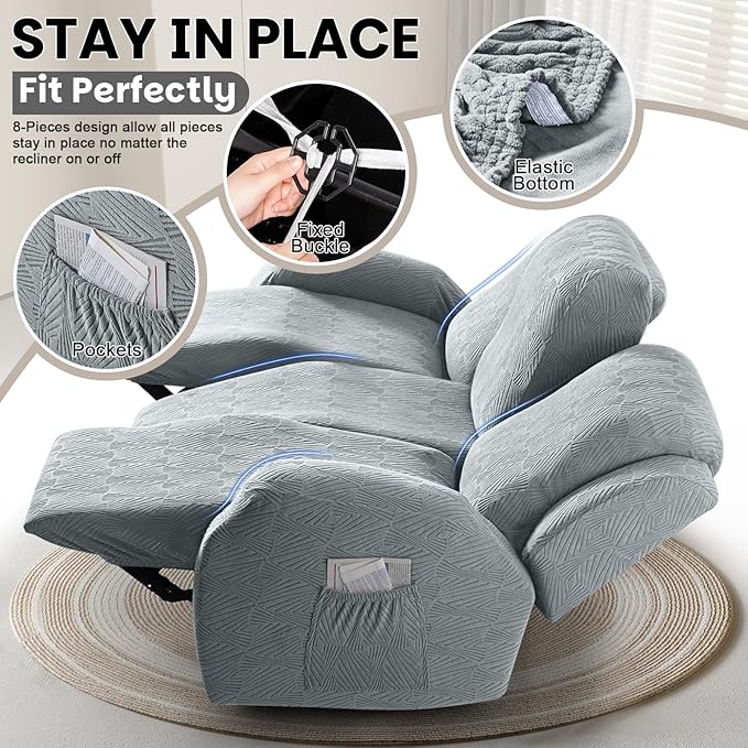 VANSOFY Recliner Couch Cover, 8-Pieces Stretch Recliner Sofa Cover Soft Jacquard Reclining Slipcover Furniture Protector with Elastic Bottom for Kid, Pets(3 Seat,Light Gray)