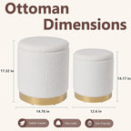 Royal Windsor Boucle Round Ottoman with Storage Set of 2, Vanity Stool with Storage for Bedroom, Ottoman Coffee Table Gold-Tone Ring Around The Base, Small Foot Stool for Living Room, White