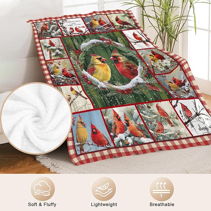 Bird Blanket for Boys Girls Christmas Red Birds Gifts Throw Blanket Cozy Plush Flannel Fleece Blankets for Bed Sofa Decor 50"x60"