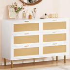 GarveeHome Rattan 6 Drawer Dresser, Modern Chest of Drawers with Gold Legs and Gold Handles, Wide Double Dresser with Large Tabletop and Anti-Tipping Design for Bedroom Living Room, White