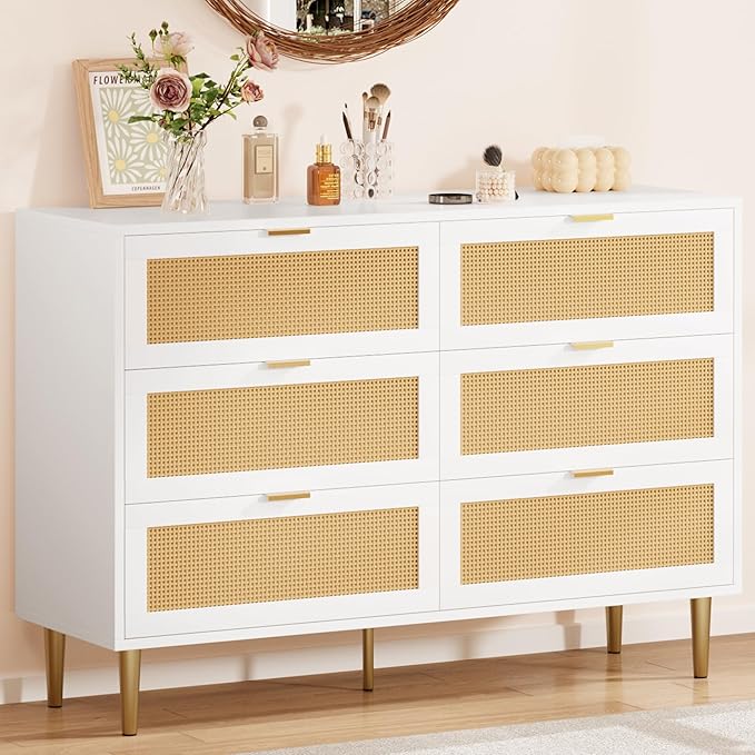 GarveeHome Rattan 6 Drawer Dresser, Modern Chest of Drawers with Gold Legs and Gold Handles, Wide Double Dresser with Large Tabletop and Anti-Tipping Design for Bedroom Living Room, White