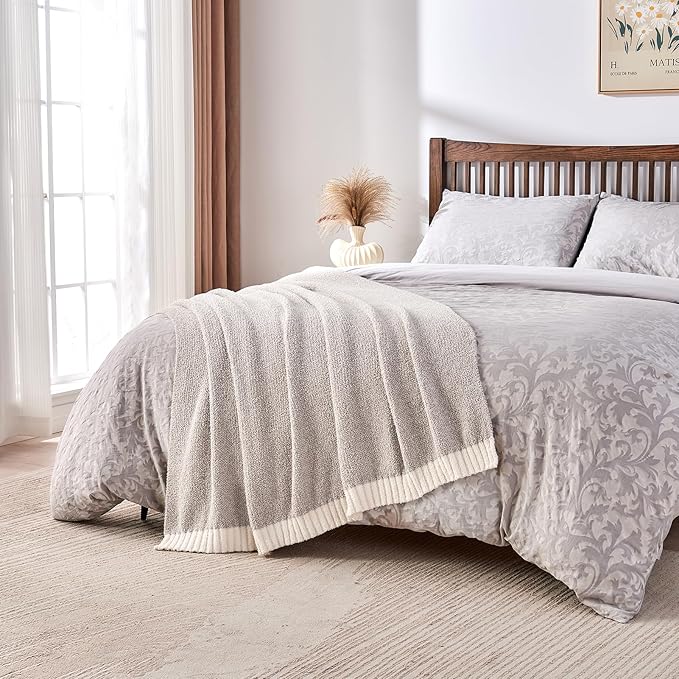 CozeCube Super Soft Fullfy Microfiber Reversible Knitted Blankets, Warm Cozy Fuzzy Plush Throw, Grey and White Melange Throw Blanket for Couch Bed Sofa, 60" x 80"