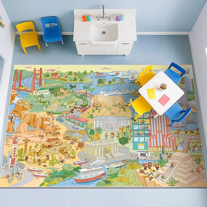Washable Kids Rug 5x7 North America Map for Playroom – Educational Carpet for Preschool, Daycare, Classroom – Learn Geography, Animals & Landmarks – Fun Washable Activity Rug for Large Kids