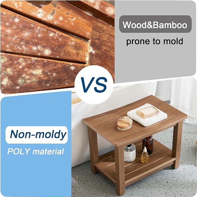 HDPS Shower Bench Seat, Poly Lumber Bathroom Stool for Inside Shower Waterproof, Foot Rest Stool for Shaving Legs with Adjustable Feet, Plastic Spa Bath Chair Seat for Bathroom, Non-Slip, Brown